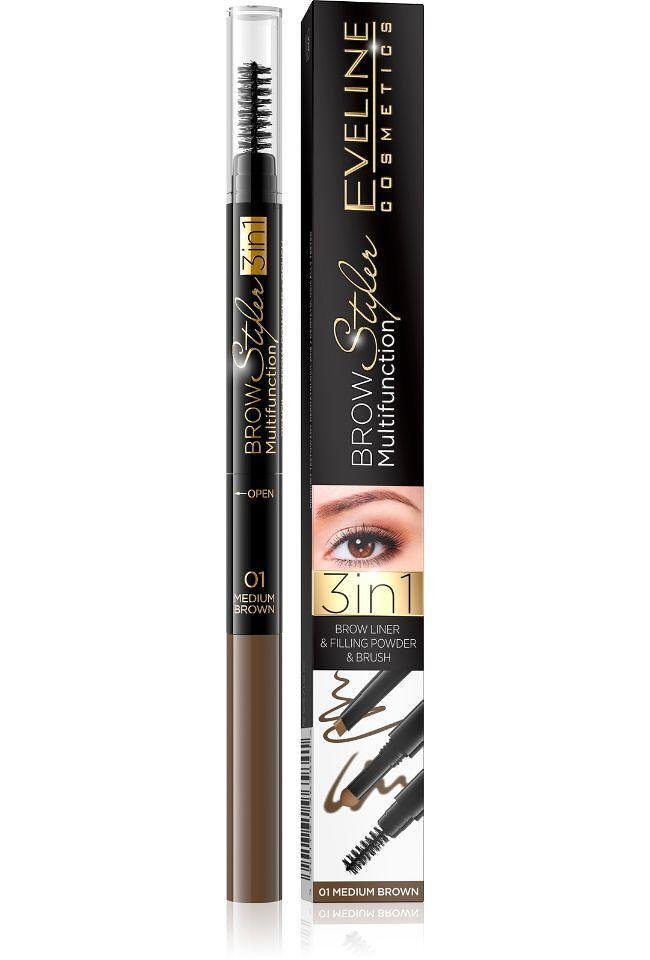 Eveline BROW STYLER МОЛИВ И ПУДРА ЗА ВЕЖДИ С ЧЕТКА, 01 СРЕДНО КАФЯВ