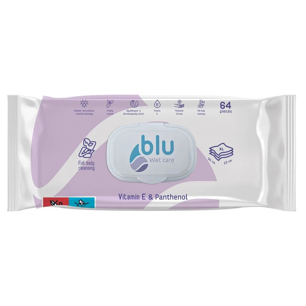 Blu wet care, мокри кърпи за почистване на тяло с витамин Е и алантонин, 64 бр.