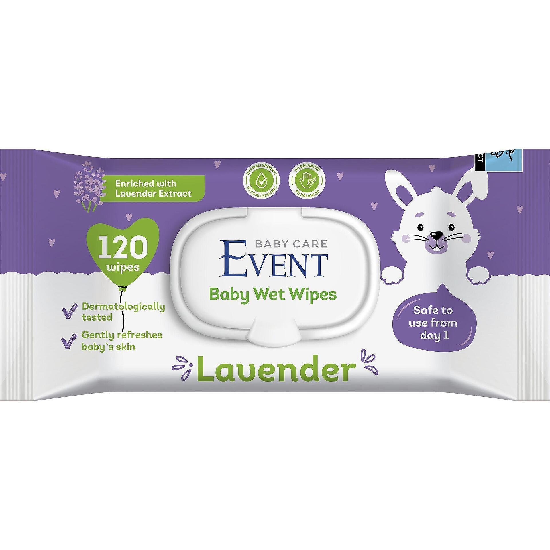 Event Baby, бебешки мокри кърпички с екстракт от лавандула с капак, 120 бр.