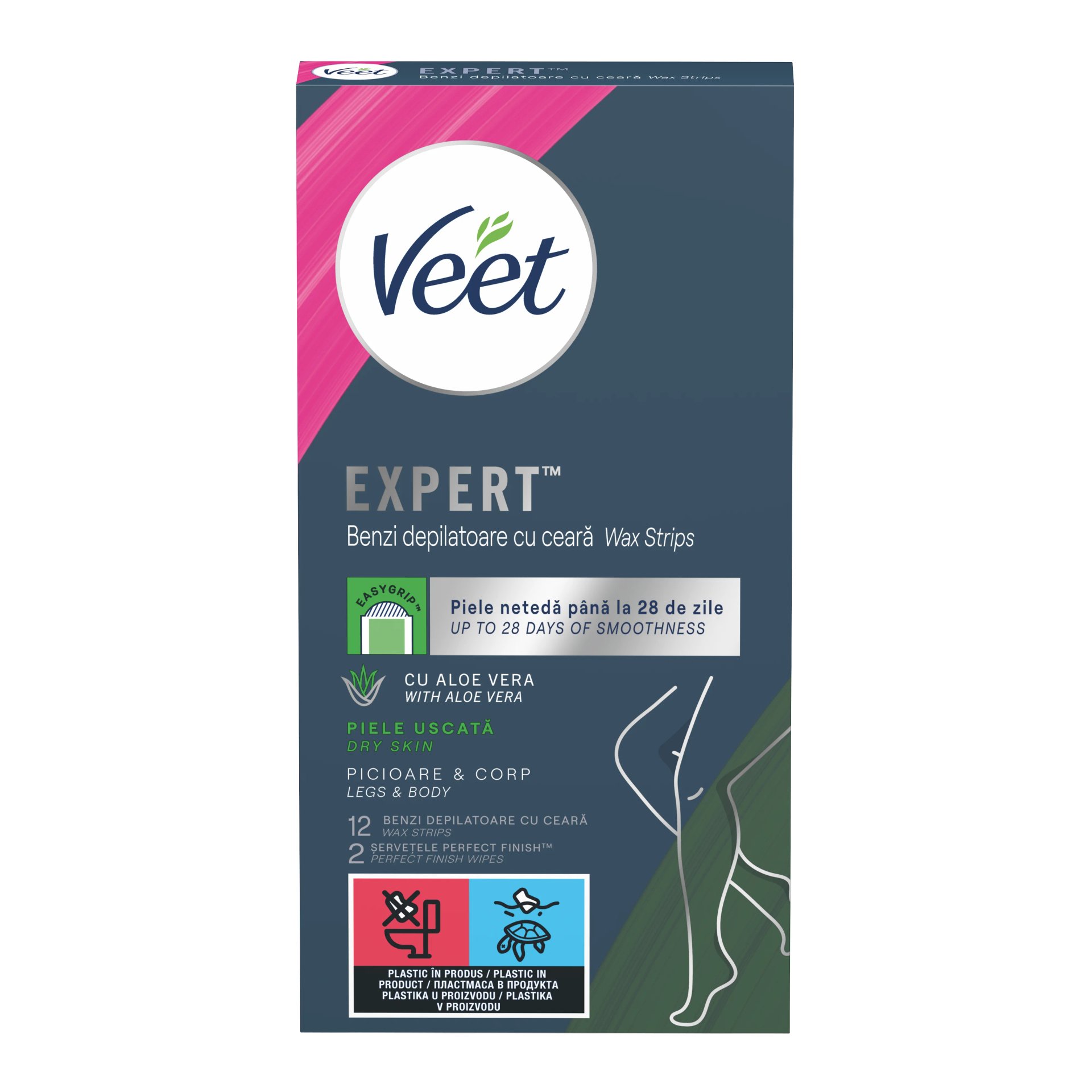 Veet Еxpert Dry Skin, Ленти за тяло и крака с алое вера за нормална и суха кожа, 12 бр.