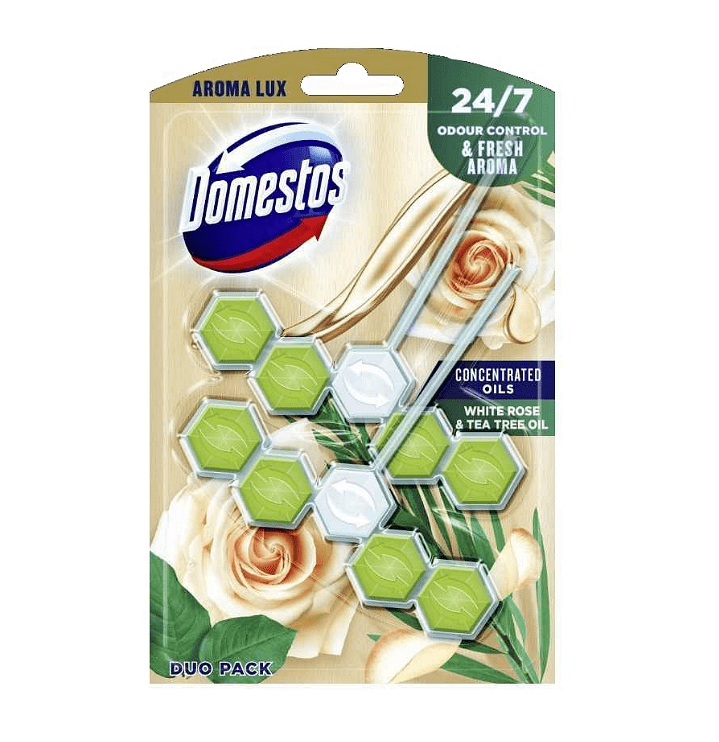 Domestos, Aroma Lux, White Rosebuds & Tea Tree Oil, блокчета за тоалетна, 2 бр. х 55 гр.