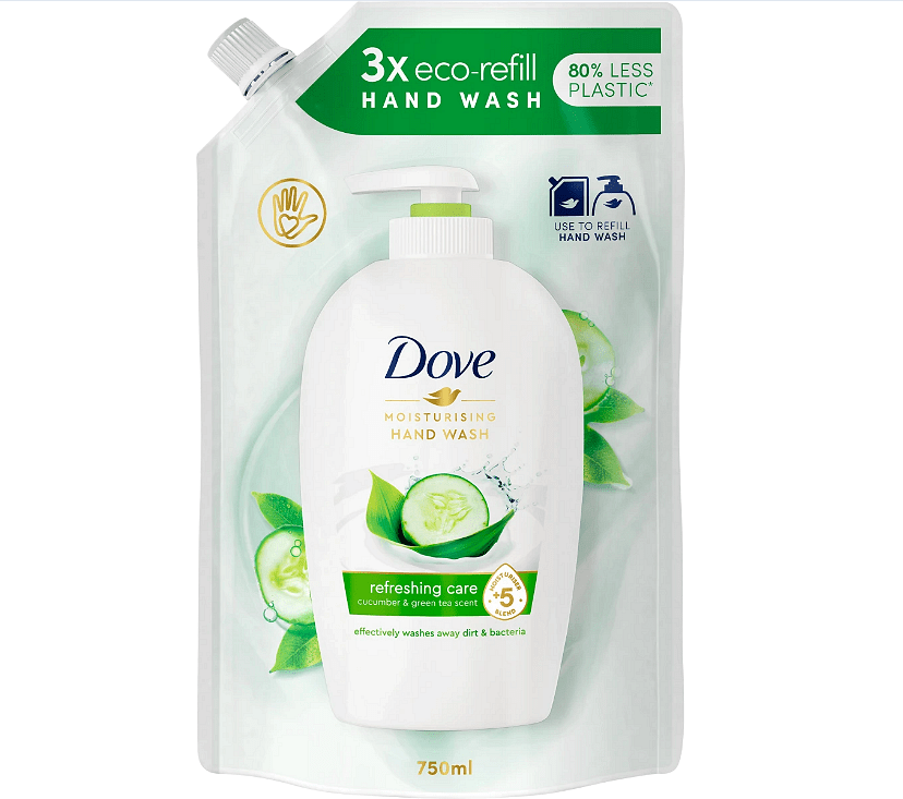 Dove, Caring Hand Wash, пълнител с течен сапун, подхранващ и хидратиращ, с краставица и зелен чай, 750 мл.