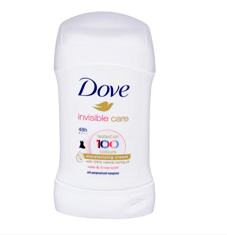Dove, Invisible Care, 0% alcohol, део стик против изпотяване и петна с аромат на лилия и роза, 40 мл.