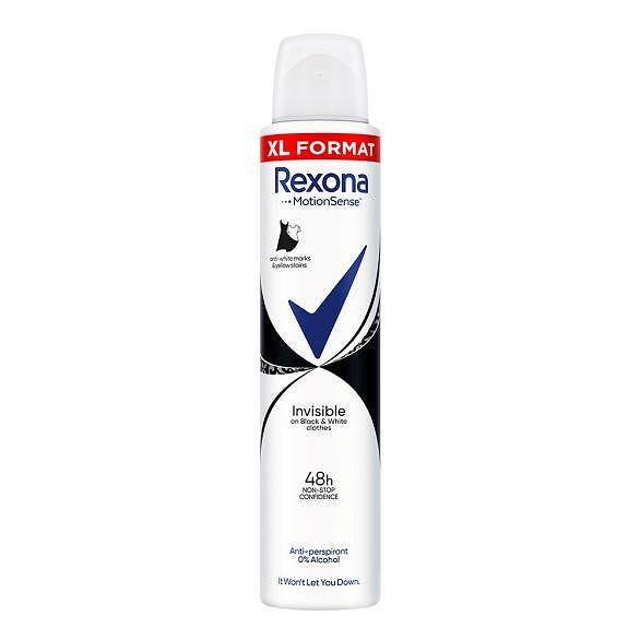 Rexona, Motion Sense, Invisible Black & White, дамски дезодорант, против изпотяване и петна, 200 мл.