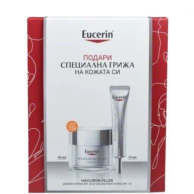 Комплект Eucerin Hyaluron-Filler, дневен крем за всеки тип кожа, SPF30, 50 мл + околоочен крем за всеки тип кожа, SPF15, 15 мл