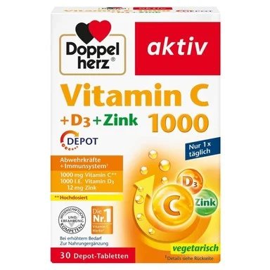 Doppelherz aktiv, витамин С 1000 + D3 + Цинк Депо, 30 таблетки