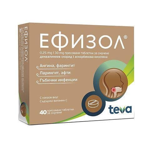 Ефизол, при възпалено гърло за деца и възрастни, 40 таблетки за смучене, от Teva