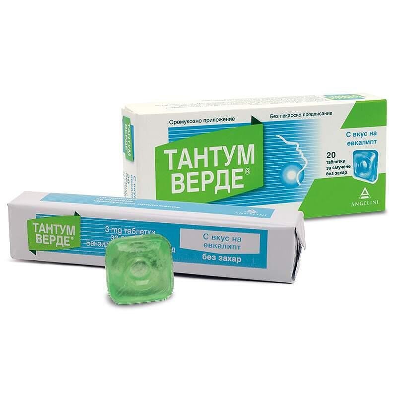Тантум Верде, 3 мг, при възпалено гърло с евкалипт без захар за възрастни и деца, 20 таблетки за смучене, от Angelini Pharma