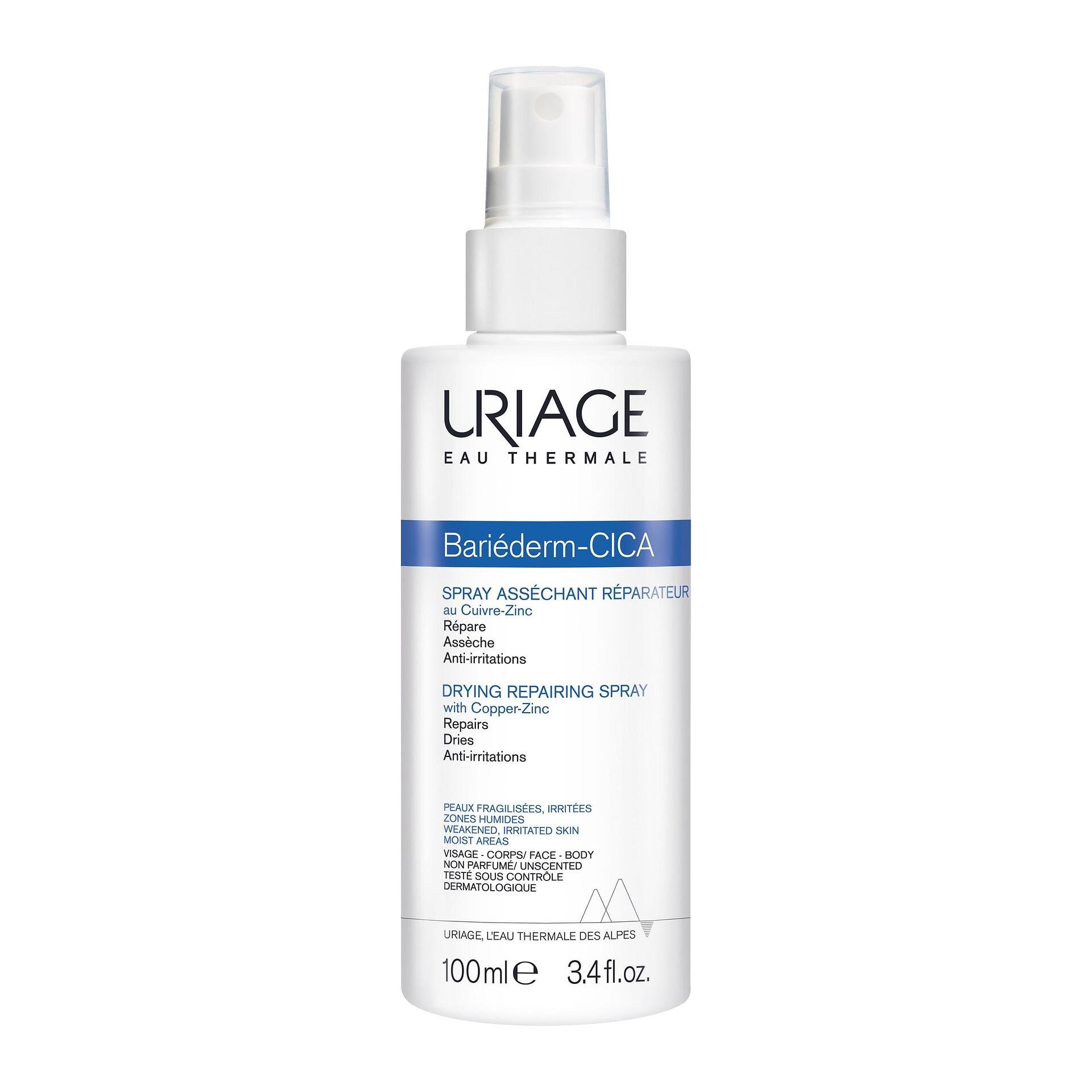 Uriage Eau Thermale, Bariéderm CICA Drying Repairing, въстановяващ спрей с мед и цинк за лице и тяло, 100 мл.