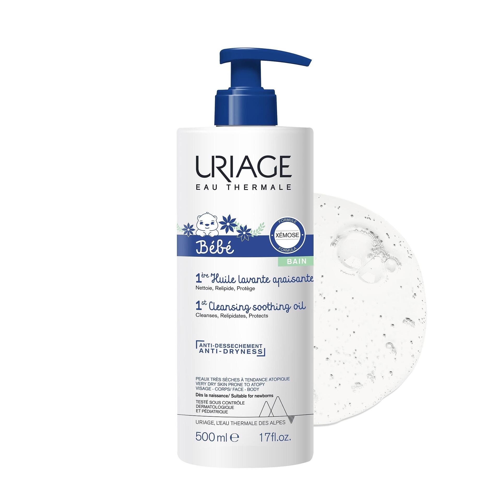 Uriage Eau Thermale, Bébé 1st Huile Lavante Apaisante, успокояващо почистващо бебешко душ-олио за суха и много суха кожа, 500 мл.