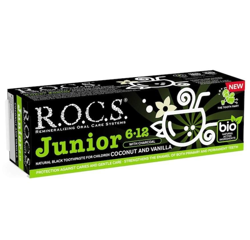 R.O.C.S. Junior Black Coconut and Vanilla 6-12, натурална детска паста за зъби срещу кариес с черен въглен, 74 гр.