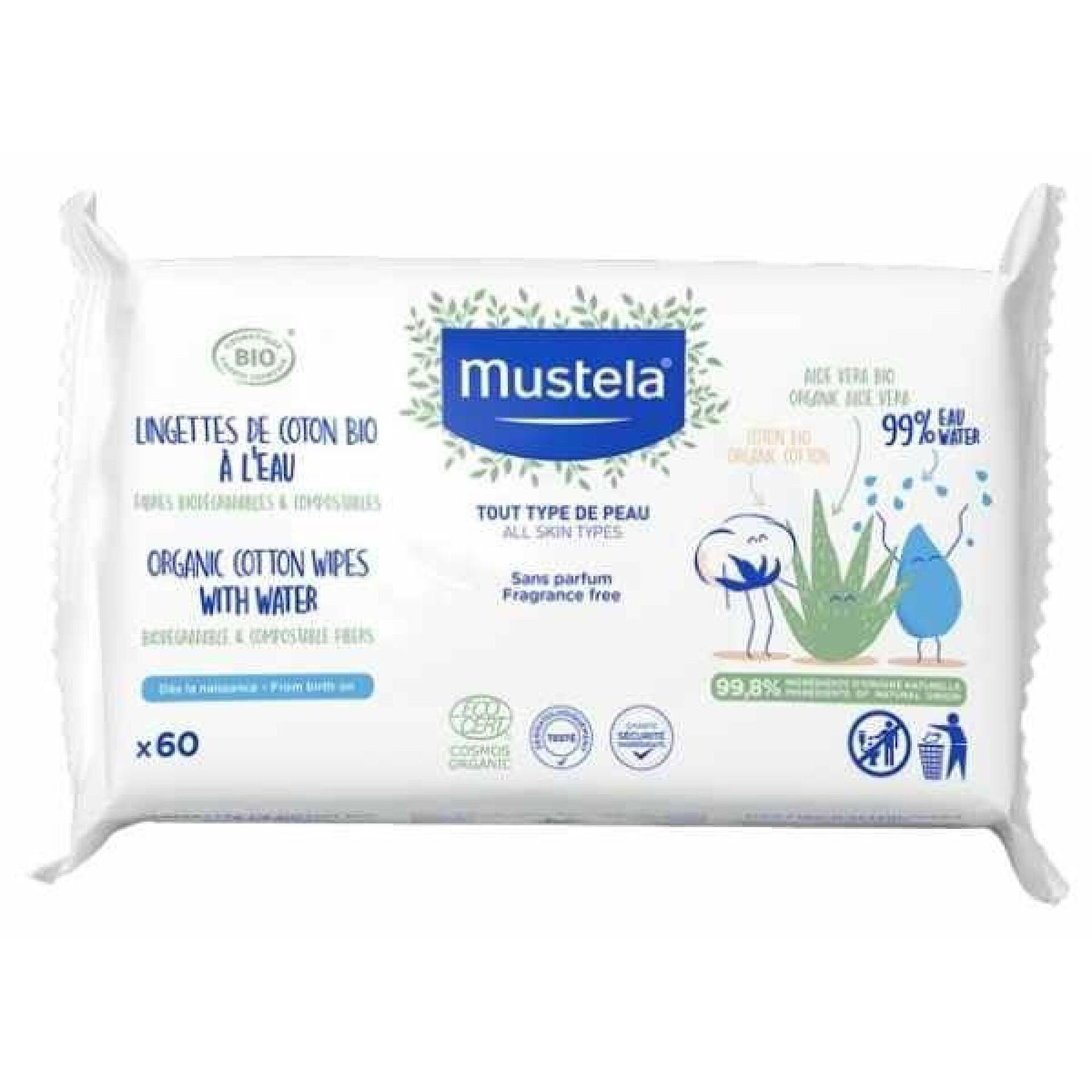 Mustela, Bio Cotton Wipes with Water 99%, мокри кърпички с органичен памук 99% вода, 60 бр.