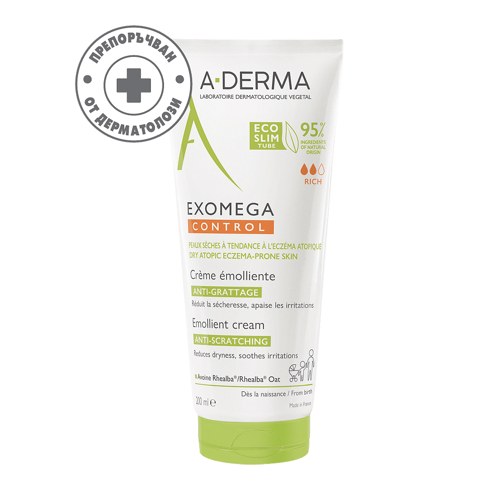 A-Derma, Exomega Control, емолиентен крем за много суха и атопична кожа за лице и тяло за деца и възрастни, 200 мл.