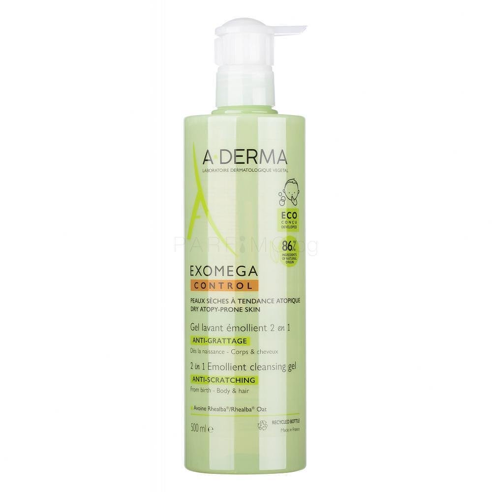 A-Derma, Exomega Control, почистващ емолиентен гел за много суха и атопична кожа за лице, коса и тяло 2в1 за деца и възрастни, 500 мл.