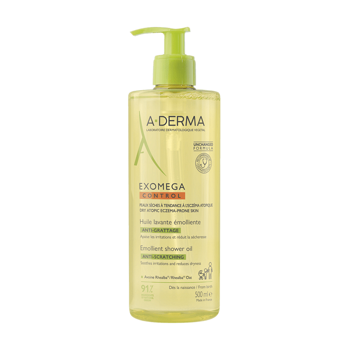 A-Derma, Exomega Control, почистващ емолиентено душ - олио за много суха и атопична кожа за лице и тяло за деца и възрастни, 500 мл.