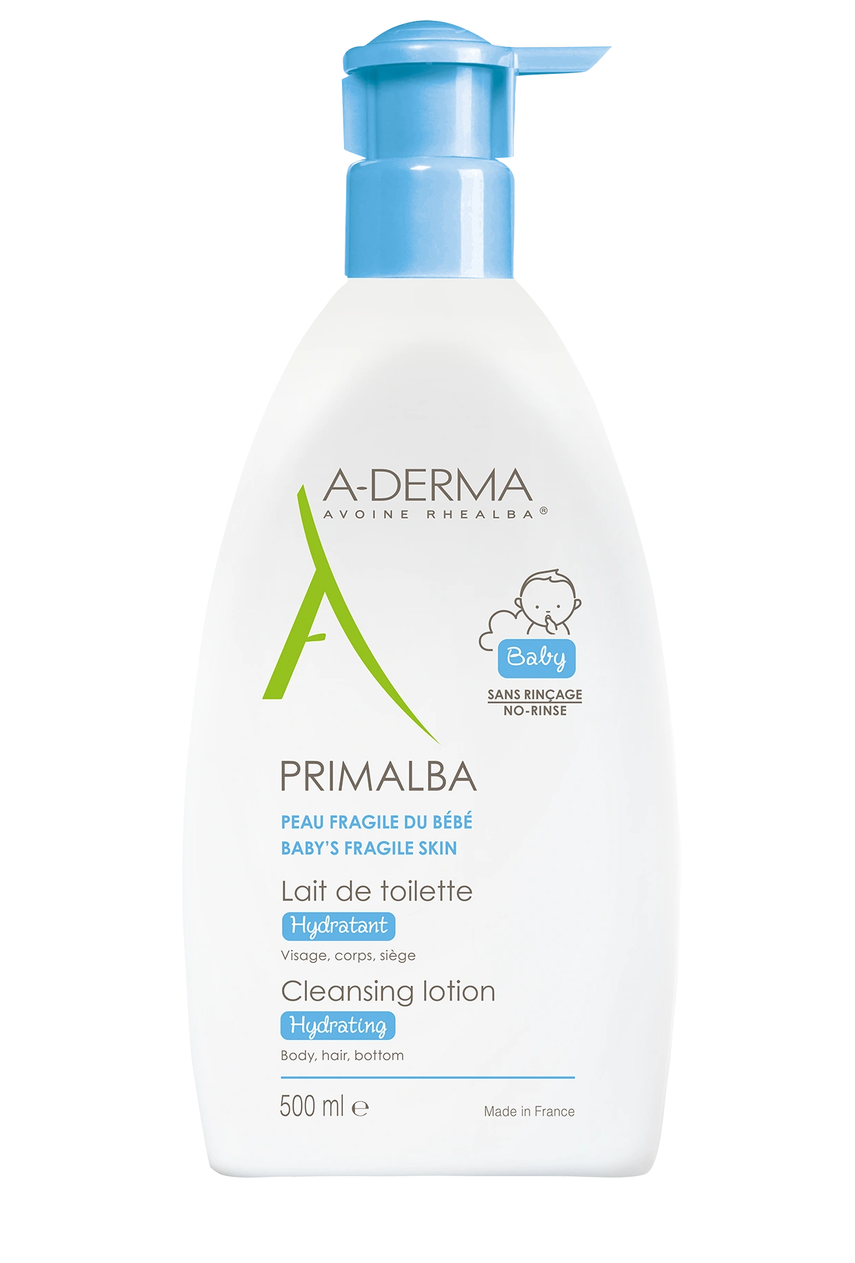 A-Derma, Primalba Nappy, успокояващо бебешко тоалетно мляко за лице и тяло, 500 мл.
