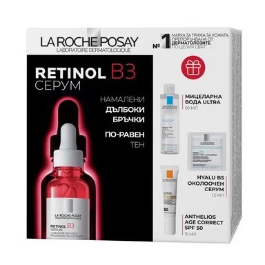 La Roche-Posay Retinol B3, серум против бръчки, 30 мл + мицеларна вода, 50 мл + слънцезащитен крем SPF50+, 15 мл + Околоочен серум