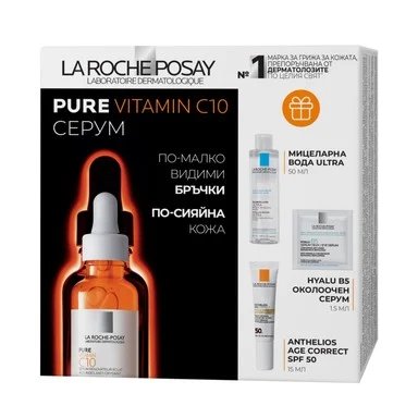 La Roche-Posay Pure Vitamin C10, обновяващ серум, 30 мл + мицеларна вода, 50 мл + слънцезащитен крем SPF50+, 15 мл + Околоочен серум