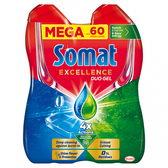 Somat Excellence Duo 4 Actions, гел за съдомиялна машина, 60 измивяния, 2 x 540 мл.