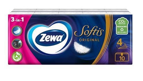 Носни кърпички Zewa Softis без мирис, 4 слоя, 10 x 9 бр