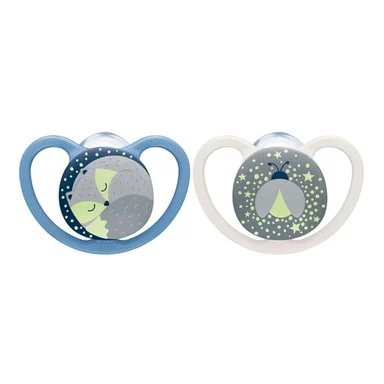 NUK Space night, Силиконова залъгалка, 0-6 месеца, 2 бр