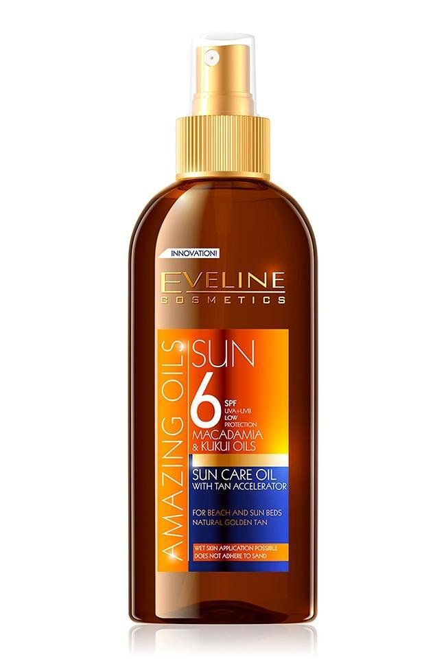 Eveline Amazing oils Слънцезащитно олио SPF 6 с ускорител за тен, 150 мл